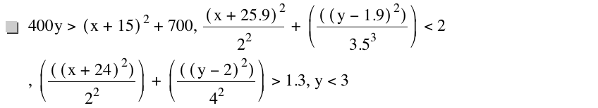 400*y>[x+15]^2+700,[x+25.9]^2/2^2+[[[y-1.9]^2]/3.5^3]<2,[[[x+24]^2]/2^2]+[[[y-2]^2]/4^2]>1.3,y<3