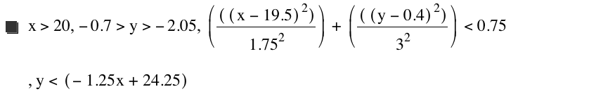 x>20,-0.7>y>-2.05,[[[x-19.5]^2]/1.75^2]+[[[y-0.4]^2]/3^2]<0.75,y<[-(1.25*x)+24.25]