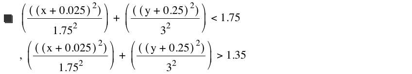 [[[x+0.025]^2]/1.75^2]+[[[y+0.25]^2]/3^2]<1.75,[[[x+0.025]^2]/1.75^2]+[[[y+0.25]^2]/3^2]>1.35