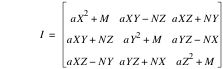 I=matrix(3,3,a*X^2+M,a*X*Y-(N*Z),a*X*Z+N*Y,a*X*Y+N*Z,a*Y^2+M,a*Y*Z-(N*X),a*X*Z-(N*Y),a*Y*Z+N*X,a*Z^2+M)