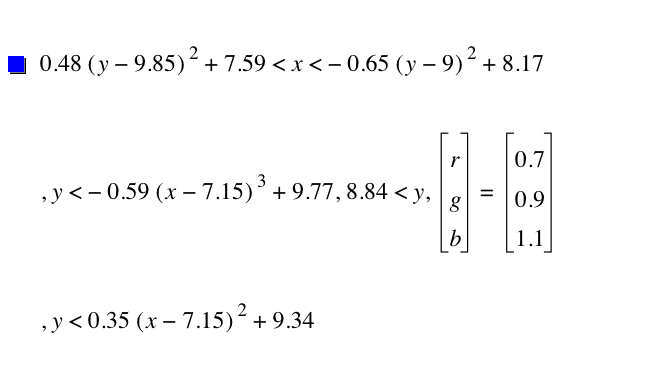0.48*[y-9.85]^2+7.59<x<-(0.65*[y-9]^2)+8.17,y<-(0.59*[x-7.15]^3)+9.77,8.84<y,vector(r,g,b)=vector(0.7,0.9,1.1),y<0.35*[x-7.15]^2+9.34