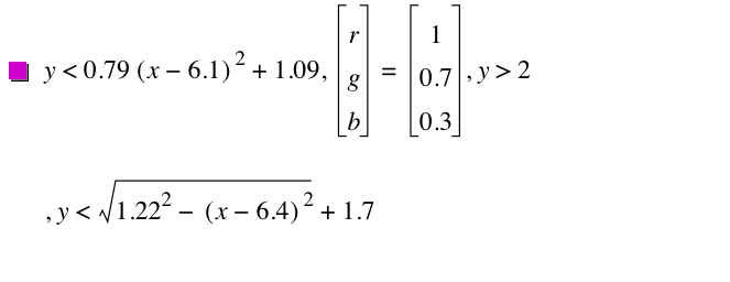 y<0.79*[x-6.1]^2+1.09,vector(r,g,b)=vector(1,0.7,0.3),y>2,y<sqrt(1.22^2-[x-6.4]^2)+1.7