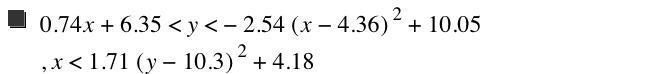 0.74*x+6.35<y<-(2.54*[x-4.36]^2)+10.05,x<1.71*[y-10.3]^2+4.18