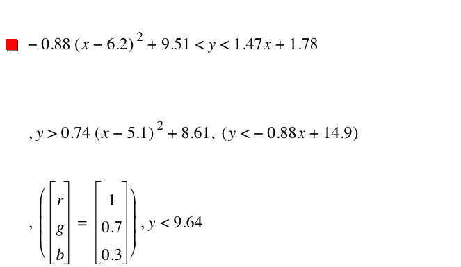 -(0.88*[x-6.2]^2)+9.51<y<1.47*x+1.78,y>0.74*[x-5.1]^2+8.609999999999999,[y<-(0.88*x)+14.9],[vector(r,g,b)=vector(1,0.7,0.3)],y<9.640000000000001