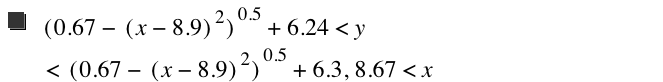 [0.67-[x-8.9]^2]^0.5+6.24<y<[0.67-[x-8.9]^2]^0.5+6.3,8.67<x