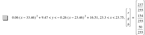 0.06*[x-33.46]^2+9.470000000000001<y<-(0.26*[x-23.46]^2)+16.51,23.3<x<23.75,vector(r,g,b)=vector(237/255,154/255,50/255)
