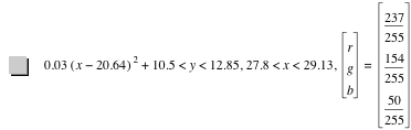 0.03*[x-20.64]^2+10.5<y<12.85,27.8<x<29.13,vector(r,g,b)=vector(237/255,154/255,50/255)