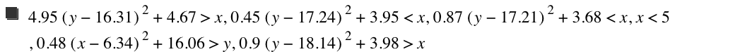 4.95*[y-16.31]^2+4.67>x,0.45*[y-17.24]^2+3.95<x,0.87*[y-17.21]^2+3.68<x,x<5,0.48*[x-6.34]^2+16.06>y,0.9*[y-18.14]^2+3.98>x