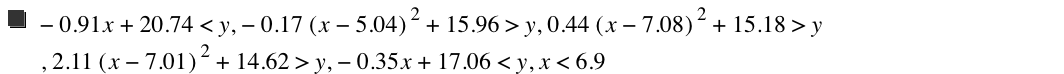 -(0.91*x)+20.74<y,-(0.17*[x-5.04]^2)+15.96>y,0.44*[x-7.08]^2+15.18>y,2.11*[x-7.01]^2+14.62>y,-(0.35*x)+17.06<y,x<6.9