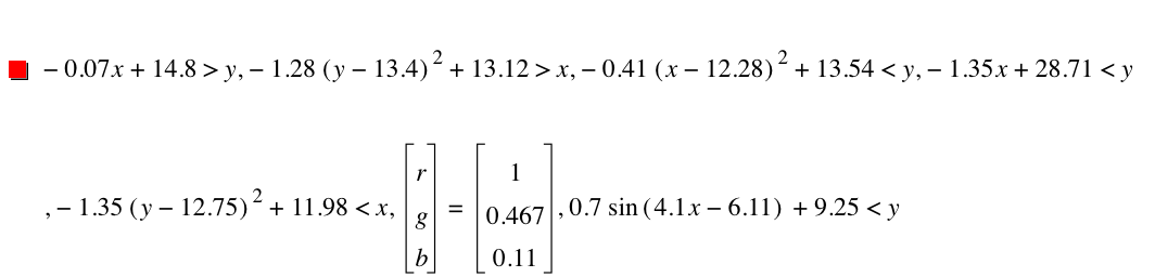 -(0.07000000000000001*x)+14.8>y,-(1.28*[y-13.4]^2)+13.12>x,-(0.41*[x-12.28]^2)+13.54<y,-(1.35*x)+28.71<y,-(1.35*[y-12.75]^2)+11.98<x,vector(r,g,b)=vector(1,0.467,0.11),0.7*sin([4.1*x-6.11])+9.25<y