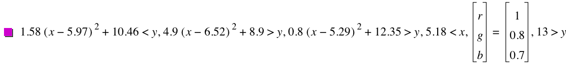1.58*[x-5.97]^2+10.46<y,4.9*[x-6.52]^2+8.9>y,0.8*[x-5.29]^2+12.35>y,5.18<x,vector(r,g,b)=vector(1,0.8,0.7),13>y